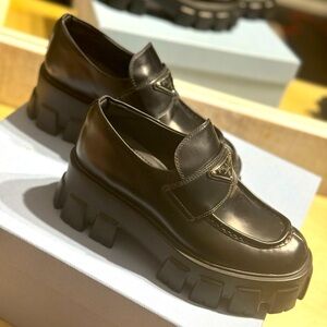 PRADA Monolith Leather Logo Platform Loafers